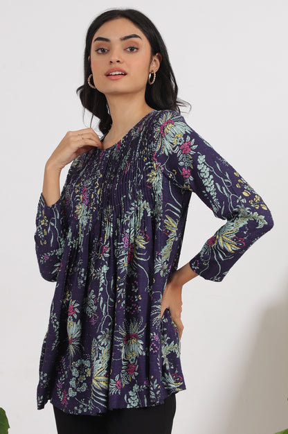 Grey Printed Swiss Dot A-line Pleated Top