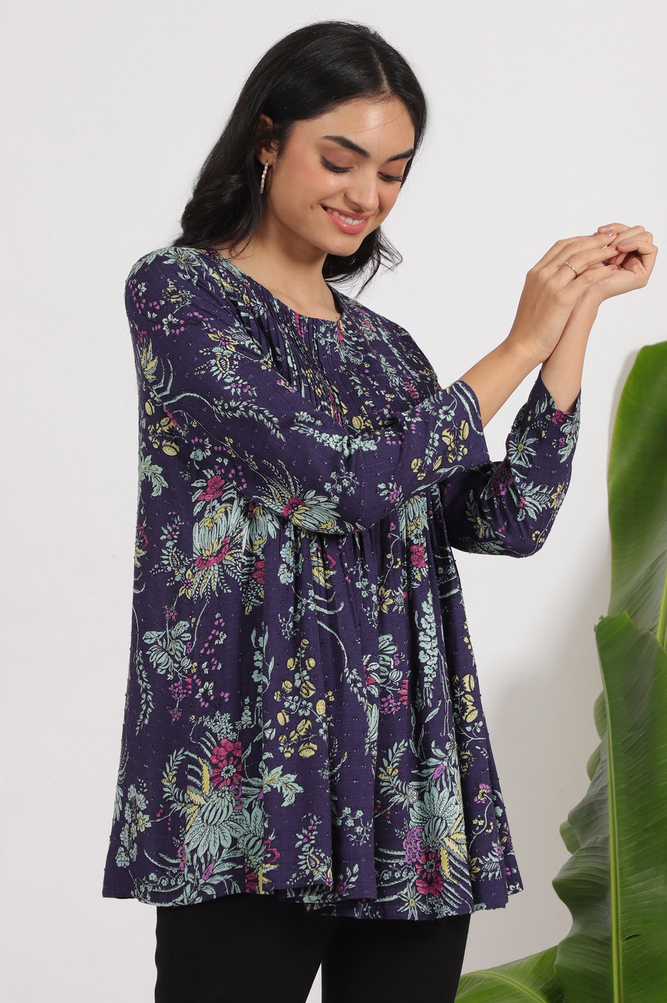 Grey Printed Swiss Dot A-line Pleated Top