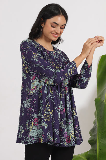 Grey Printed Swiss Dot A-line Pleated Top