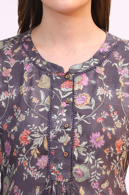 Slate Grey Floral Printed Modal Relaxed Fit Top