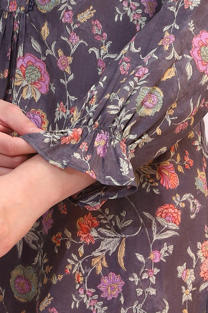 Slate Grey Floral Printed Modal Relaxed Fit Top