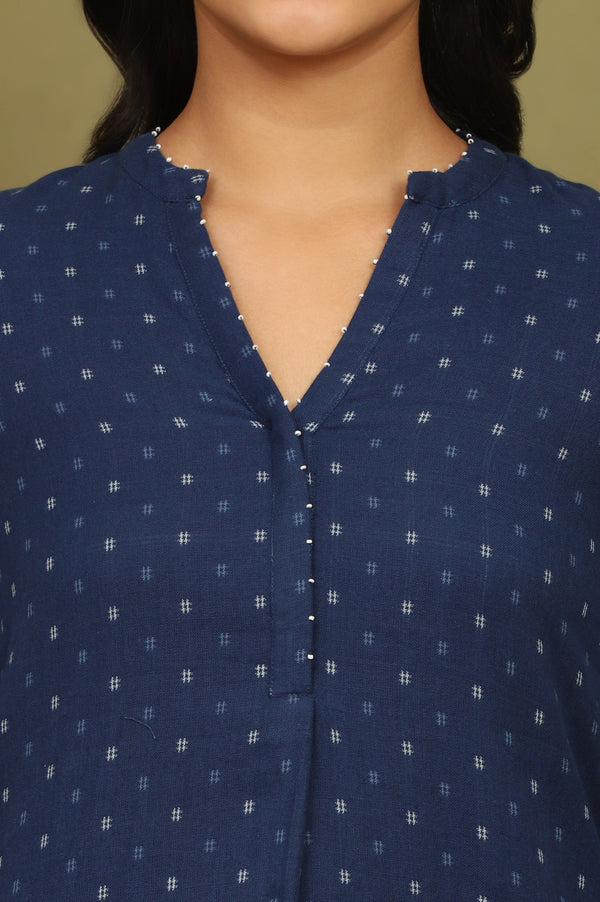 Indigo Blue Yarn Dyed Pure Cotton Top with Beads