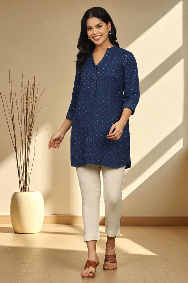 Indigo Blue Yarn Dyed Pure Cotton Top with Beads