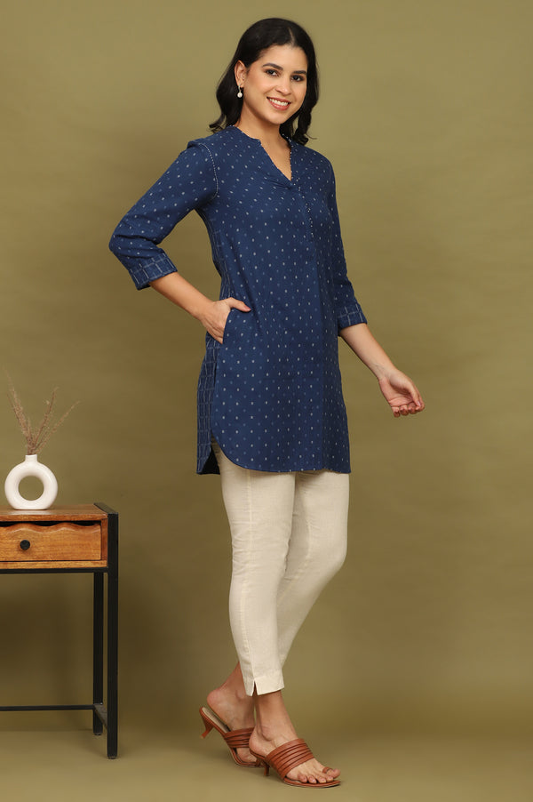 Indigo Blue Yarn Dyed Pure Cotton Top with Beads