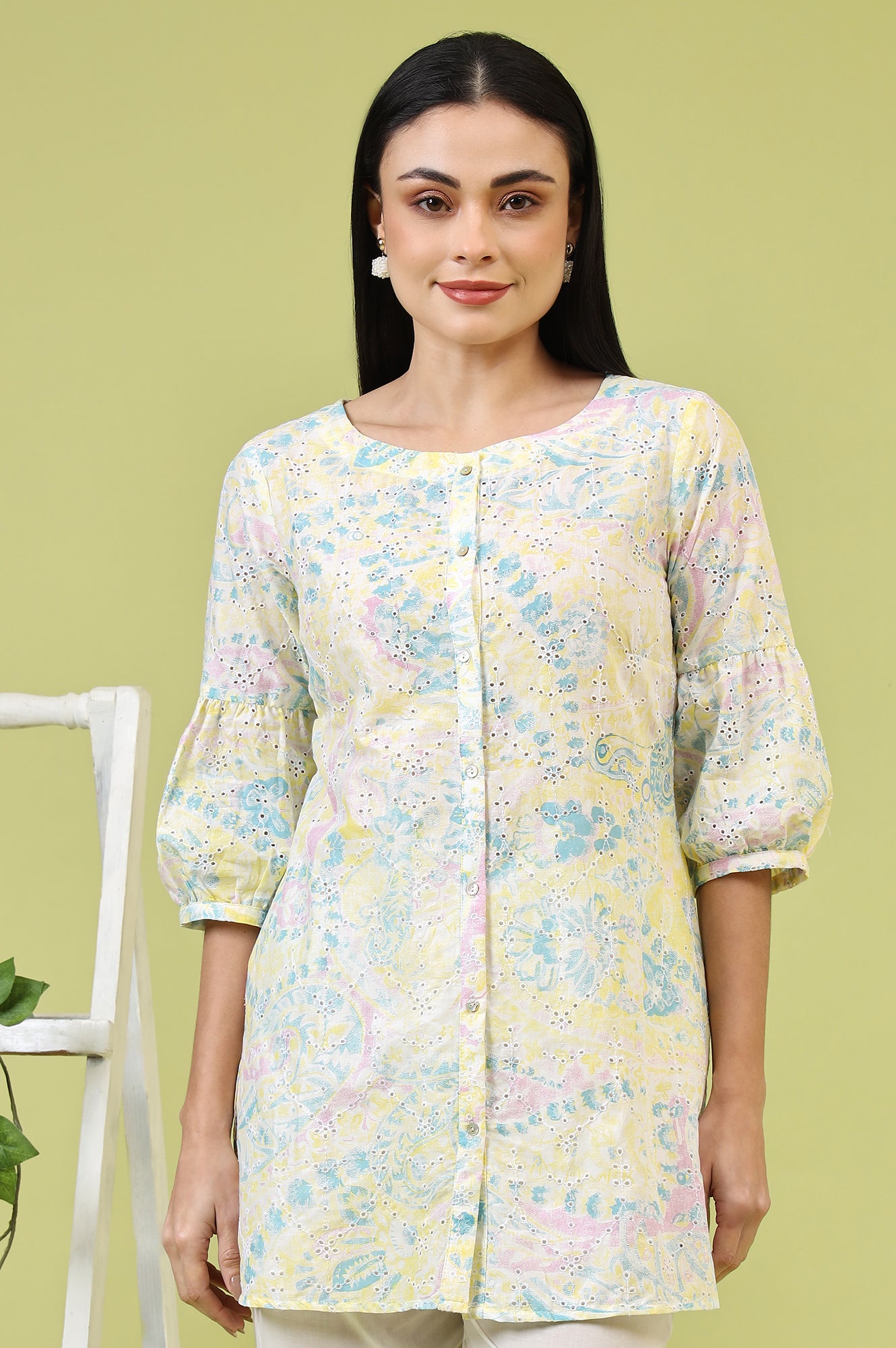 Light Yellow Floral Printed Schiffli Embroidered Fusion Top
