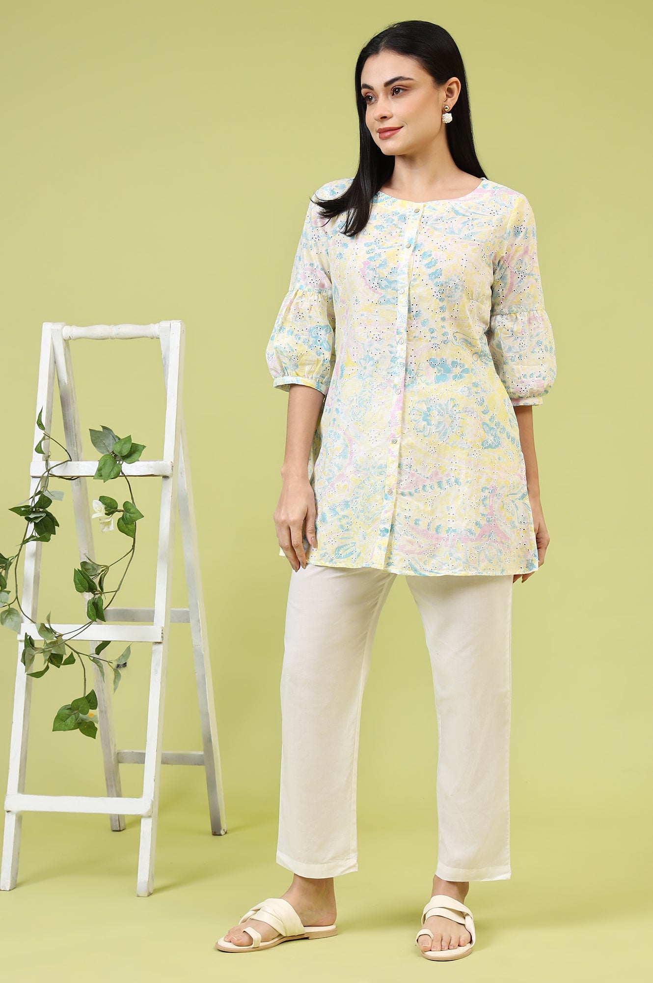 Light Yellow Floral Printed Schiffli Embroidered Fusion Top