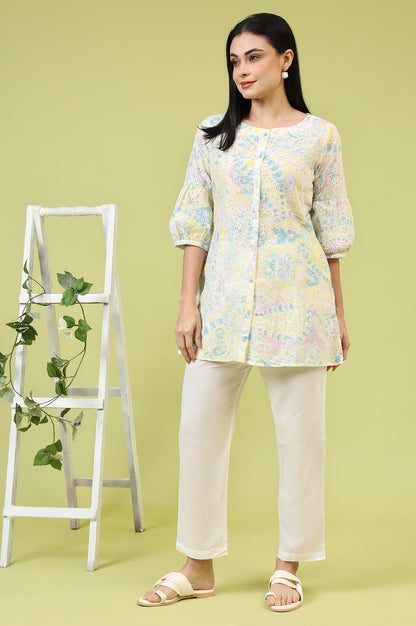 Light Yellow Floral Printed Schiffli Embroidered Fusion Top