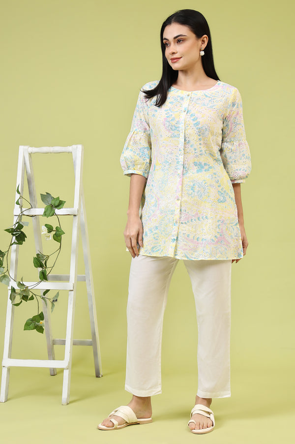 Light Yellow Floral Printed Schiffli Embroidered Fusion Top