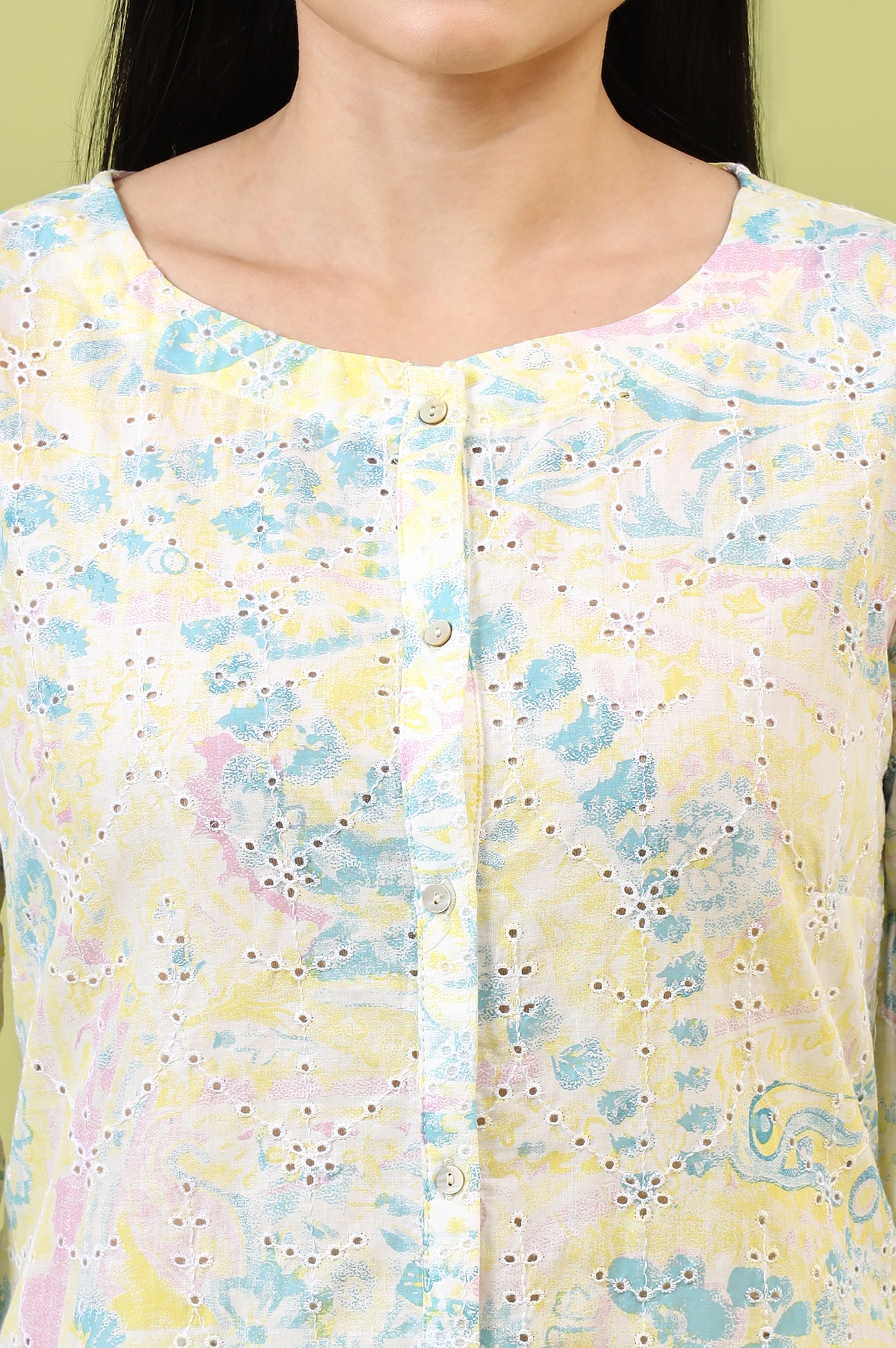 Light Yellow Floral Printed Schiffli Embroidered Fusion Top