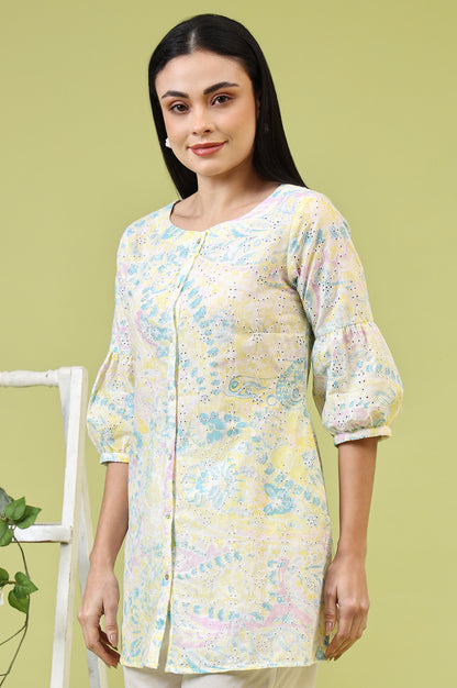 Light Yellow Floral Printed Schiffli Embroidered Fusion Top