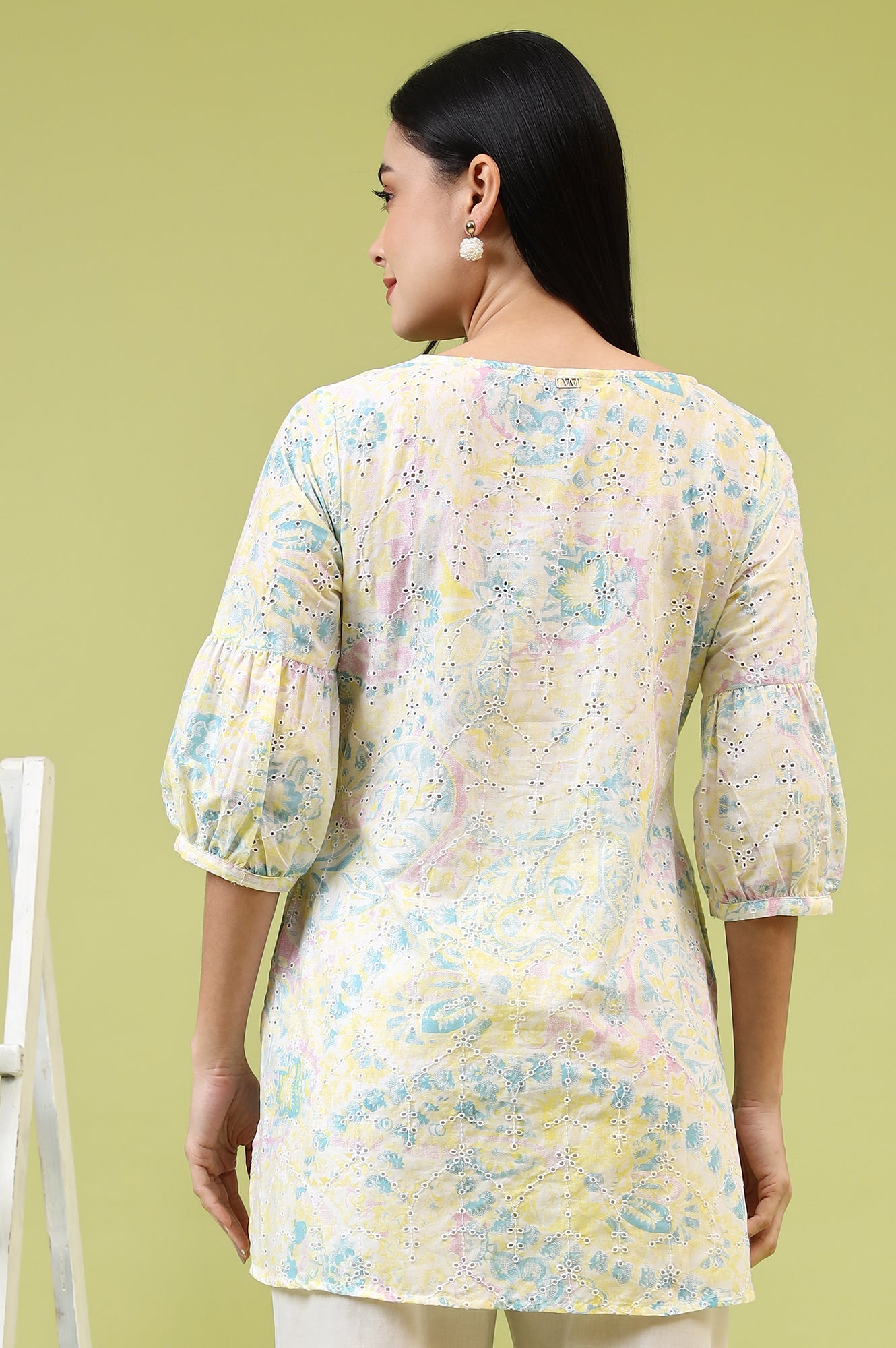 Light Yellow Floral Printed Schiffli Embroidered Fusion Top