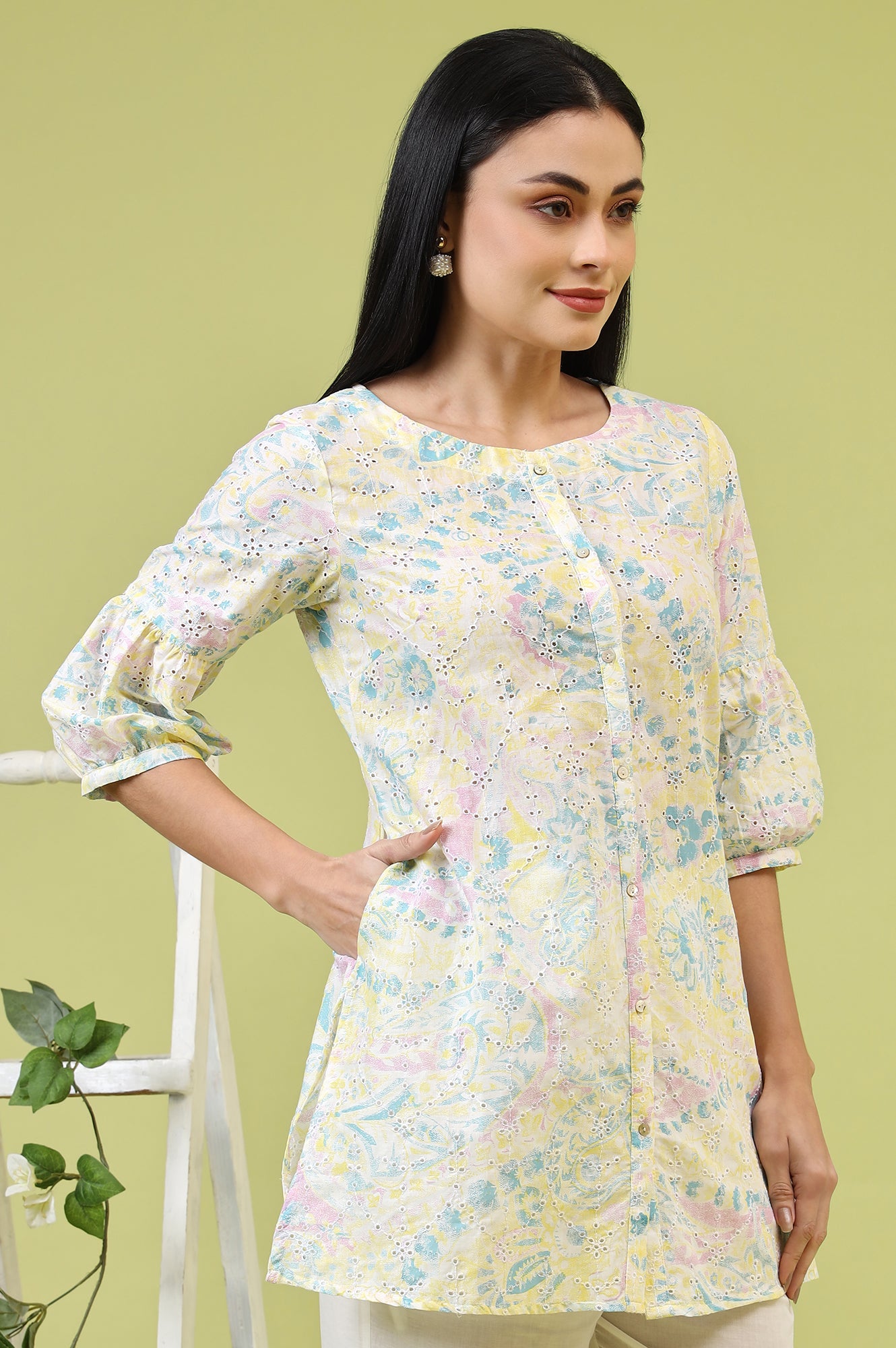 Light Yellow Floral Printed Schiffli Embroidered Fusion Top