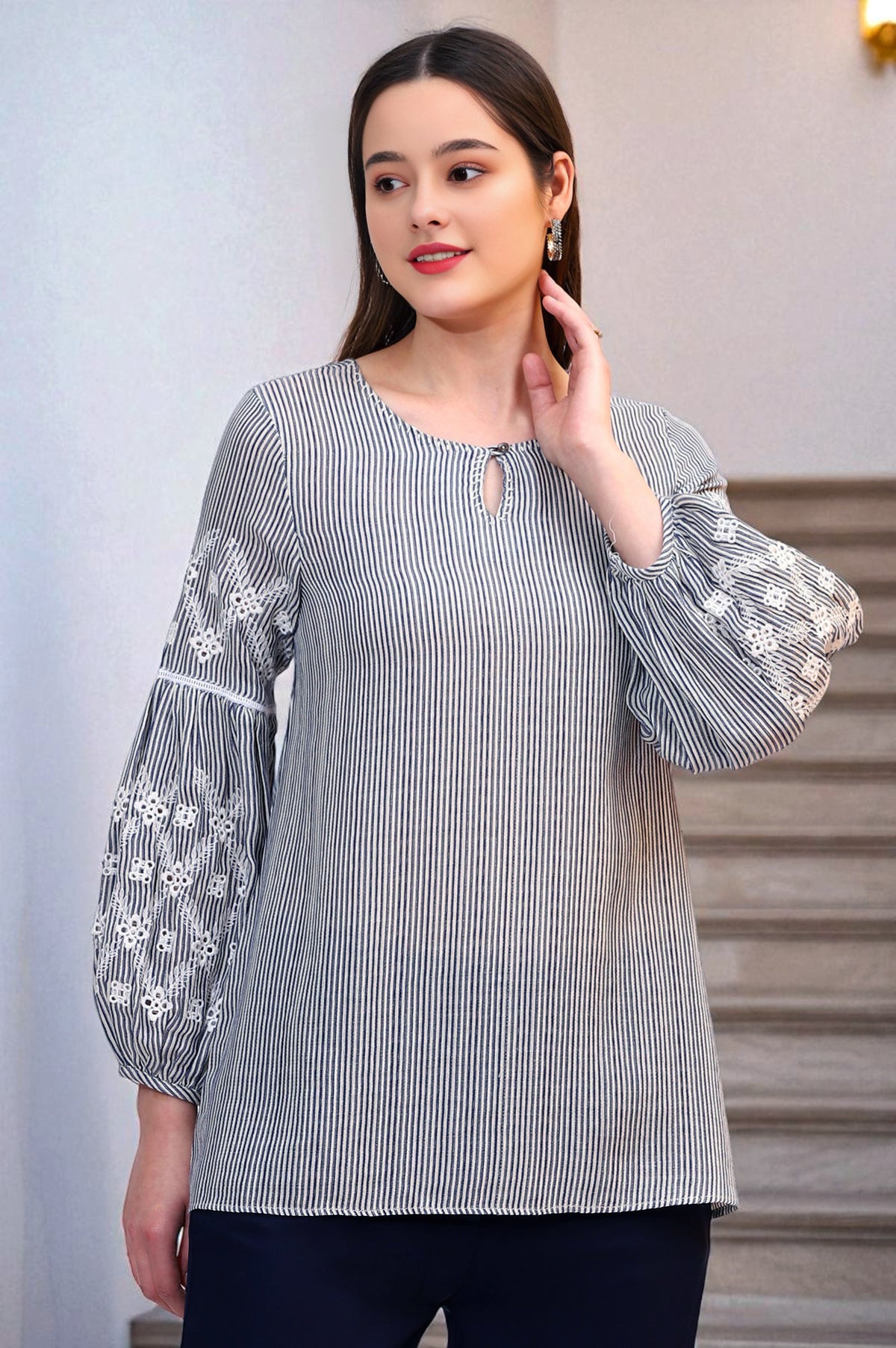 Navy and White Yarn Dyed Striped Top with Schiffli Embroidery At Sleeves - XS