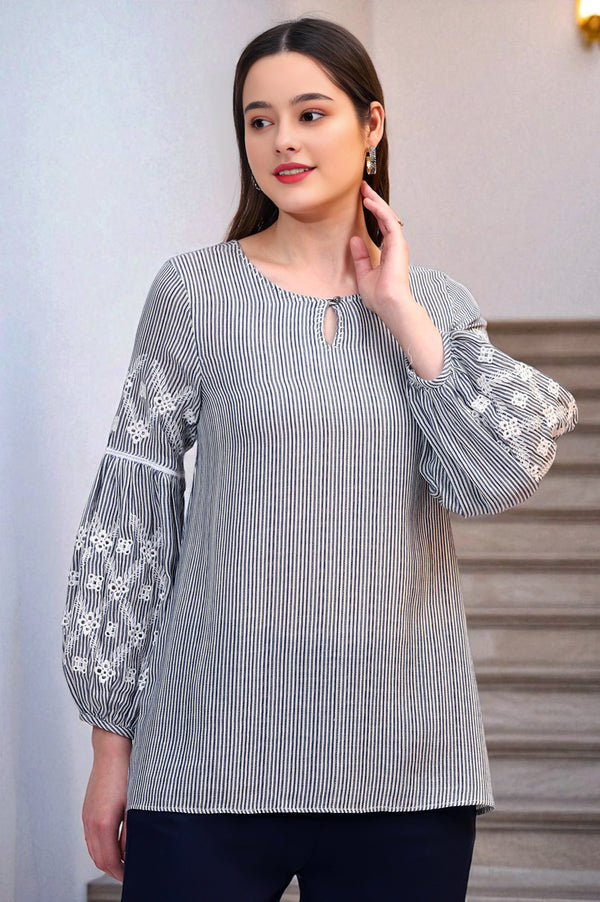 Navy and White Yarn Dyed Striped Top with Schiffli Embroidery At Sleeves