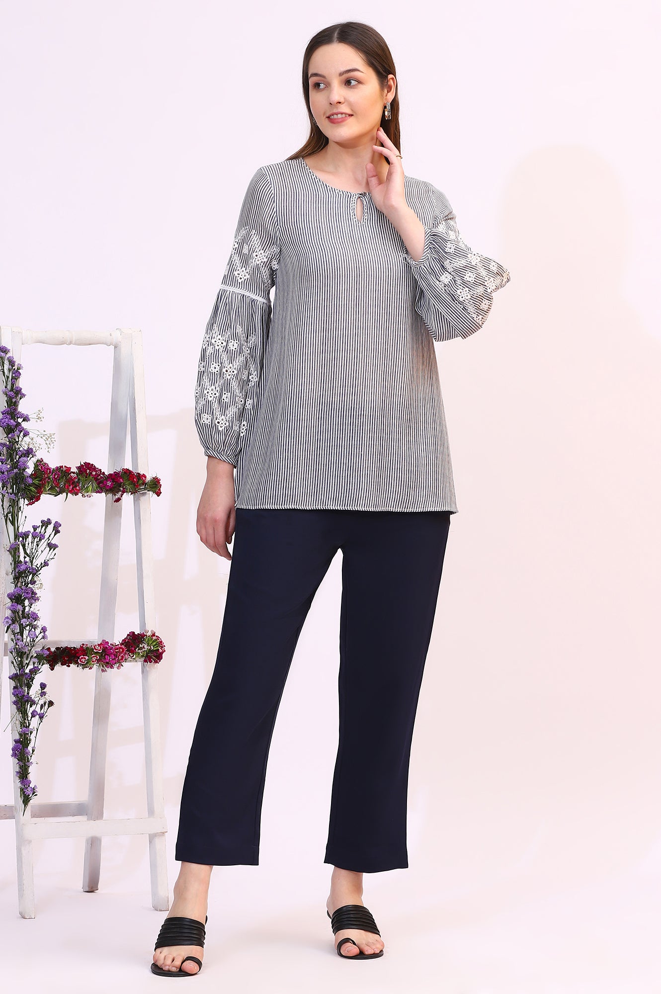 Navy and White Yarn Dyed Striped Top with Schiffli Embroidery At Sleeves