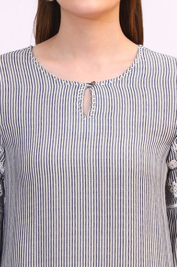 Navy and White Yarn Dyed Striped Top with Schiffli Embroidery At Sleeves