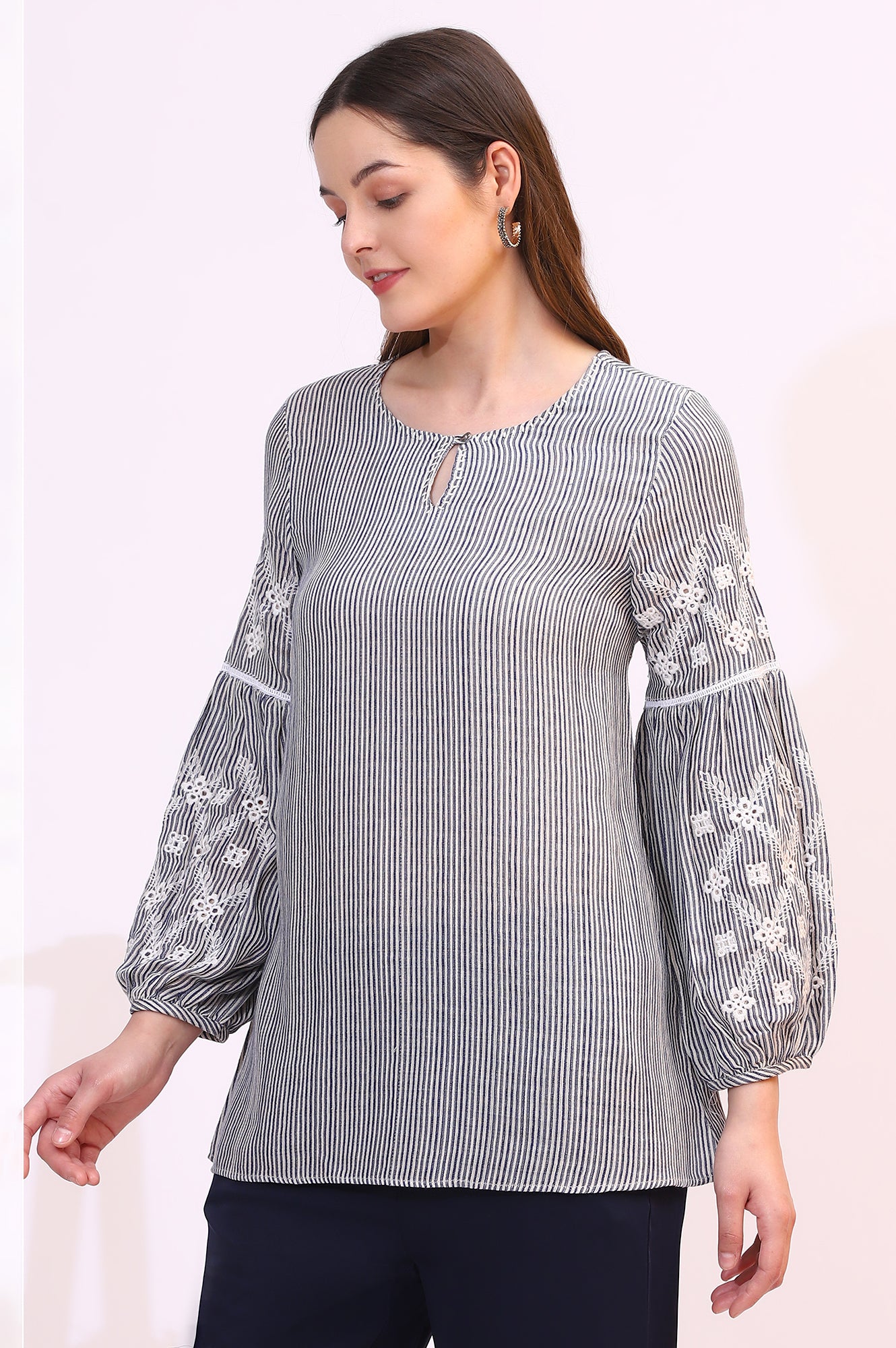 Navy and White Yarn Dyed Striped Top with Schiffli Embroidery At Sleeves