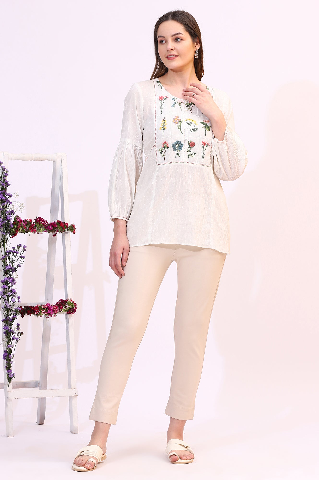White Floral Thread Embroidered Yoke Textured Top