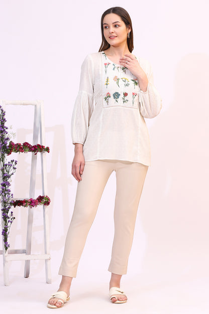 White Floral Thread Embroidered Yoke Textured Top