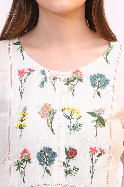 White Floral Thread Embroidered Yoke Textured Top