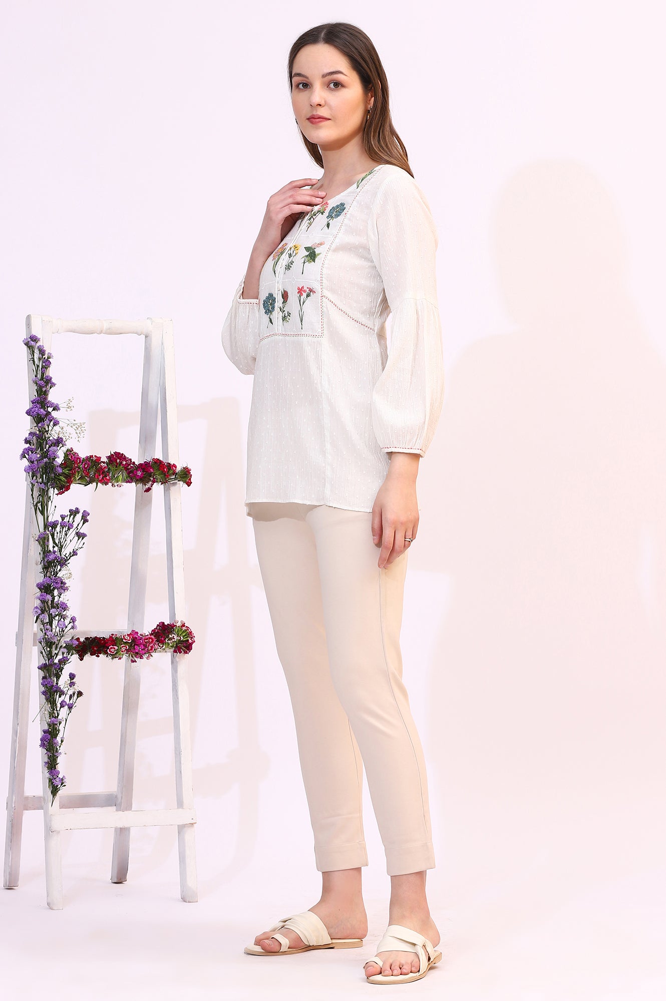 White Floral Thread Embroidered Yoke Textured Top