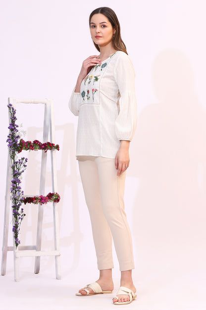 White Floral Thread Embroidered Yoke Textured Top