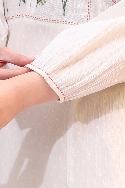 White Floral Thread Embroidered Yoke Textured Top