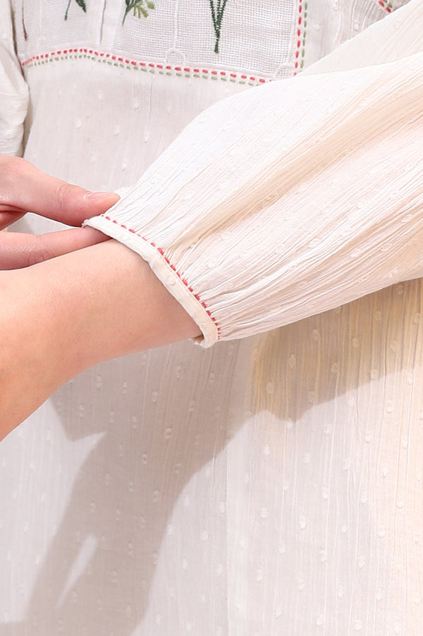 White Floral Thread Embroidered Yoke Textured Top