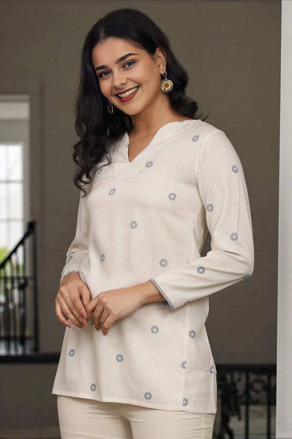 Beige Stripes Rayon Straight Top in Curved Neck