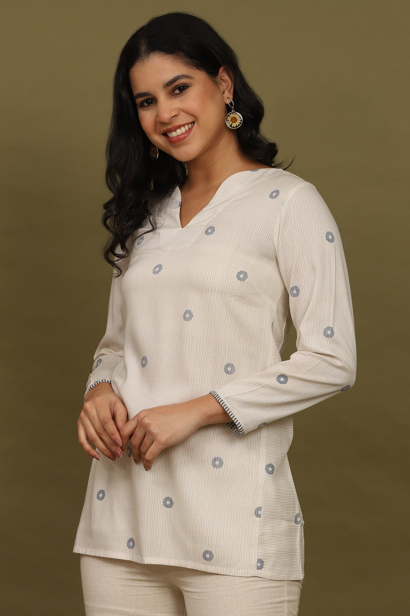 Beige Stripes Rayon Straight Top in Curved Neck