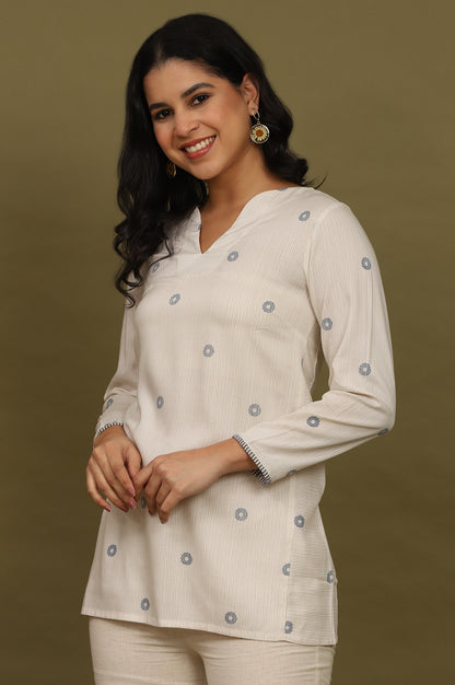 Beige Stripes Rayon Straight Top in Curved Neck