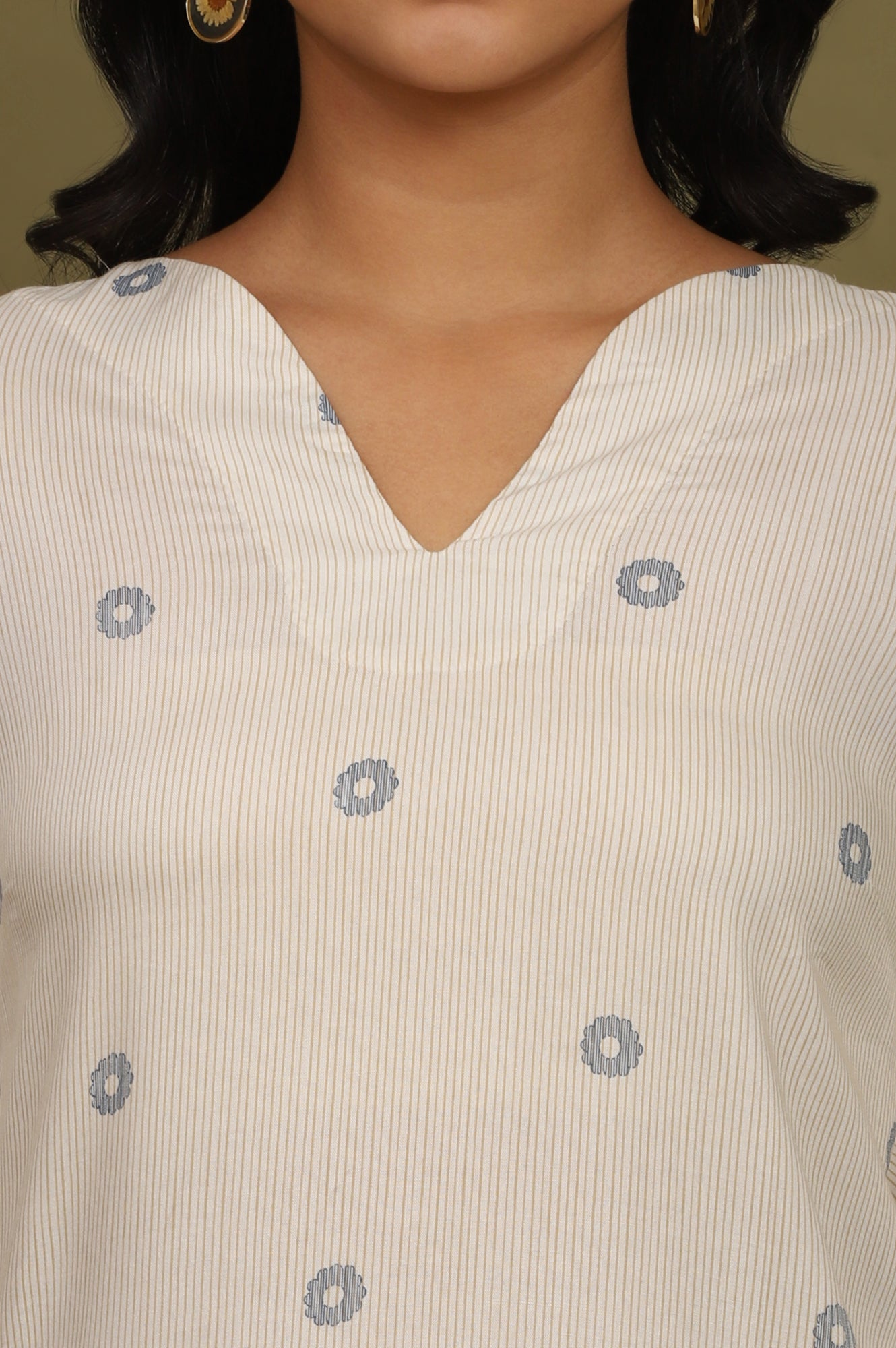 Beige Stripes Rayon Straight Top in Curved Neck