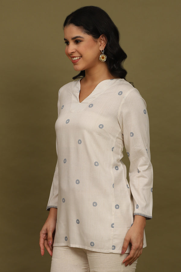 Beige Stripes Rayon Straight Top in Curved Neck