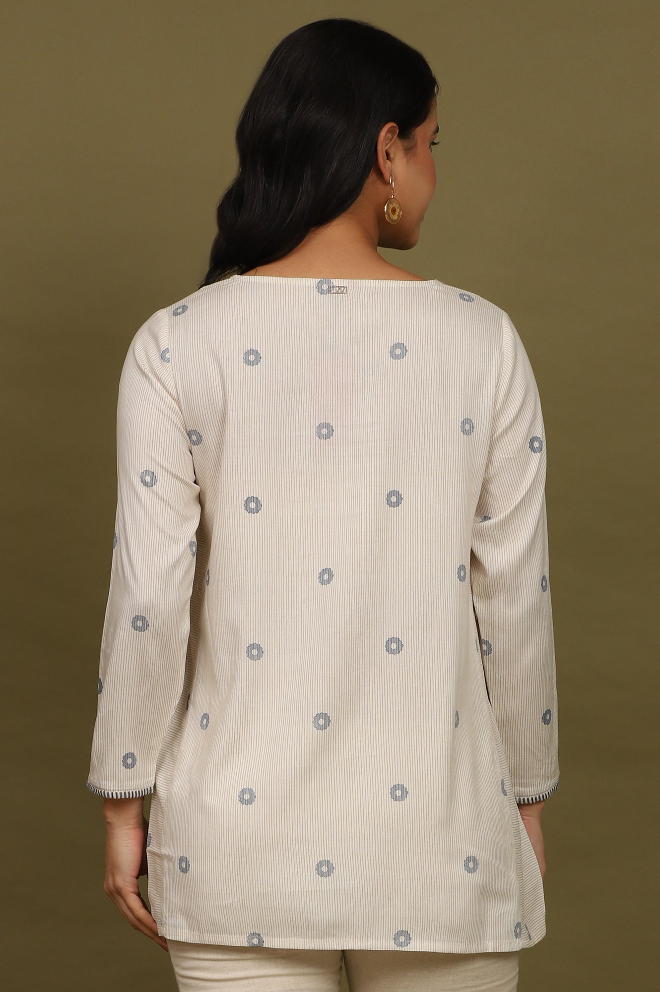 Beige Stripes Rayon Straight Top in Curved Neck