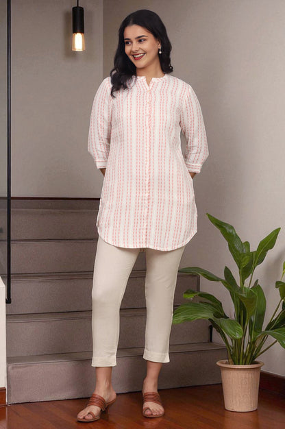 Pink And White Yarn Dyed Double Cloth Cotton Tunic