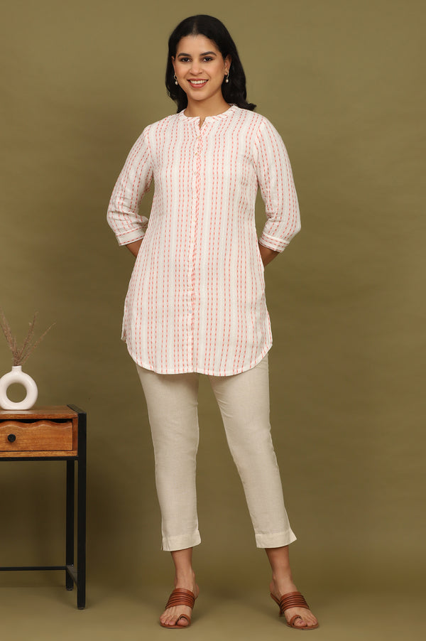 Pink And White Yarn Dyed Double Cloth Cotton Tunic