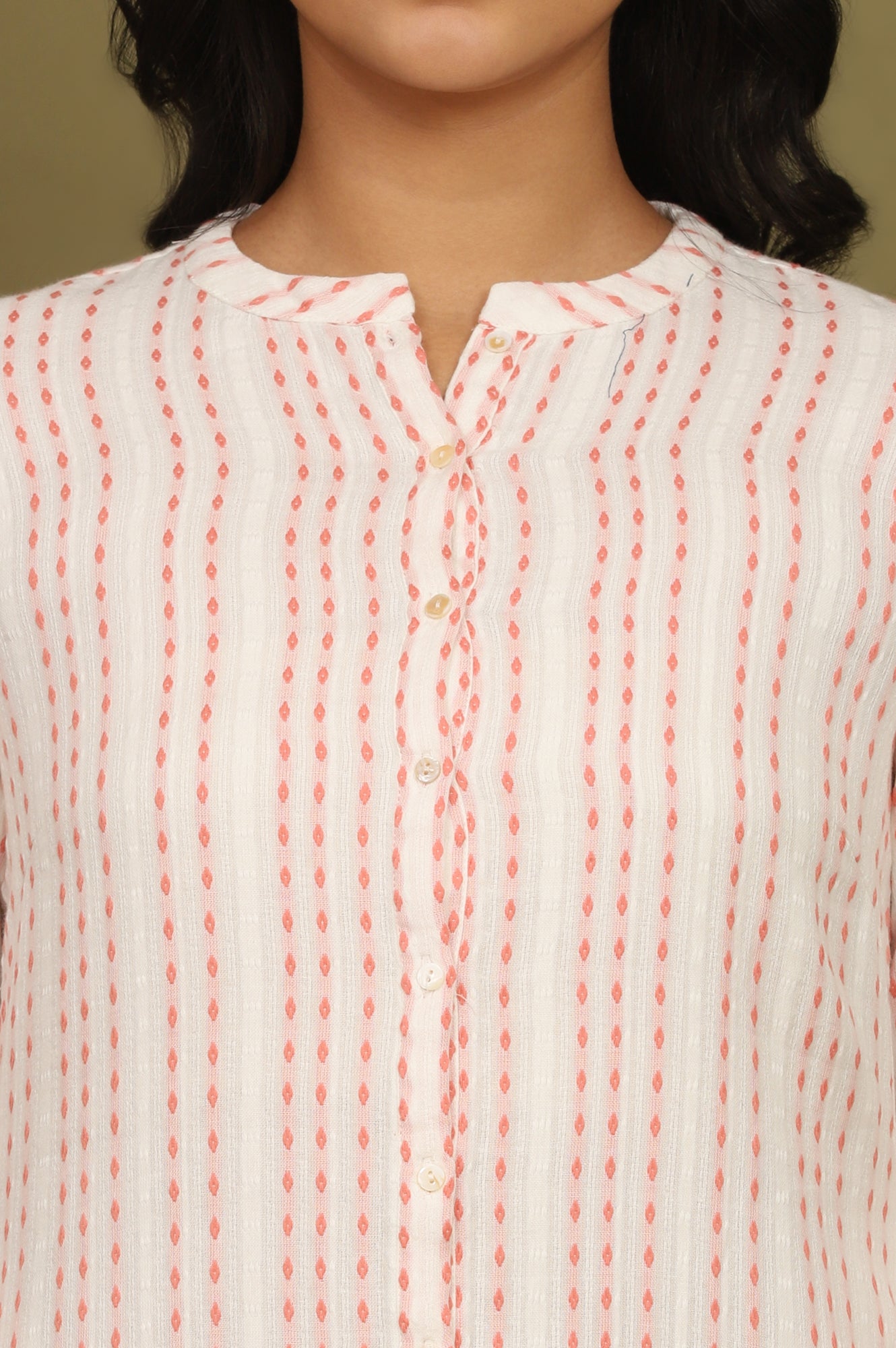 Pink And White Yarn Dyed Double Cloth Cotton Tunic