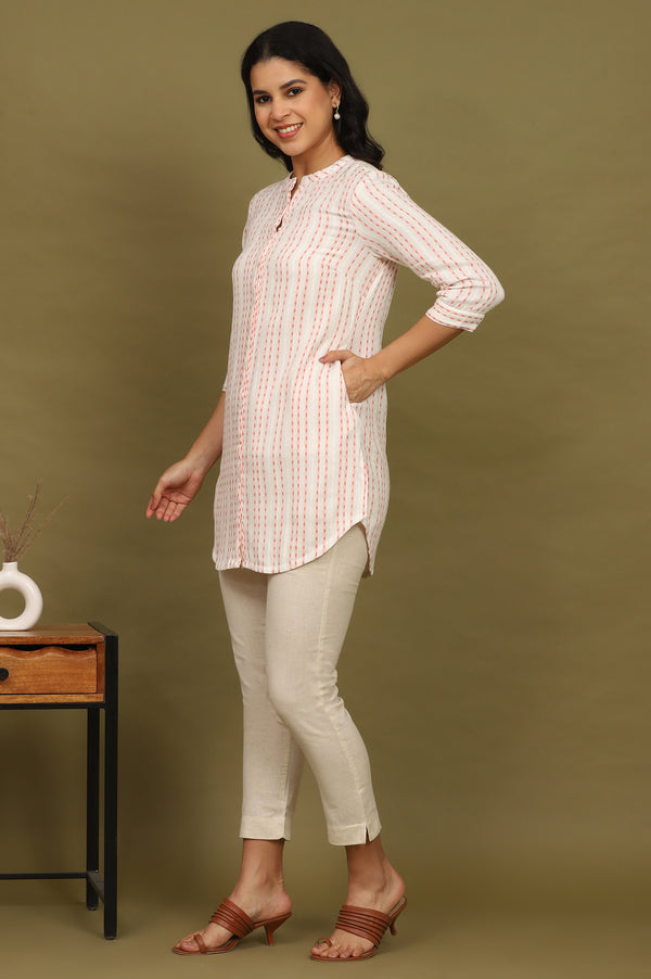 Pink And White Yarn Dyed Double Cloth Cotton Tunic