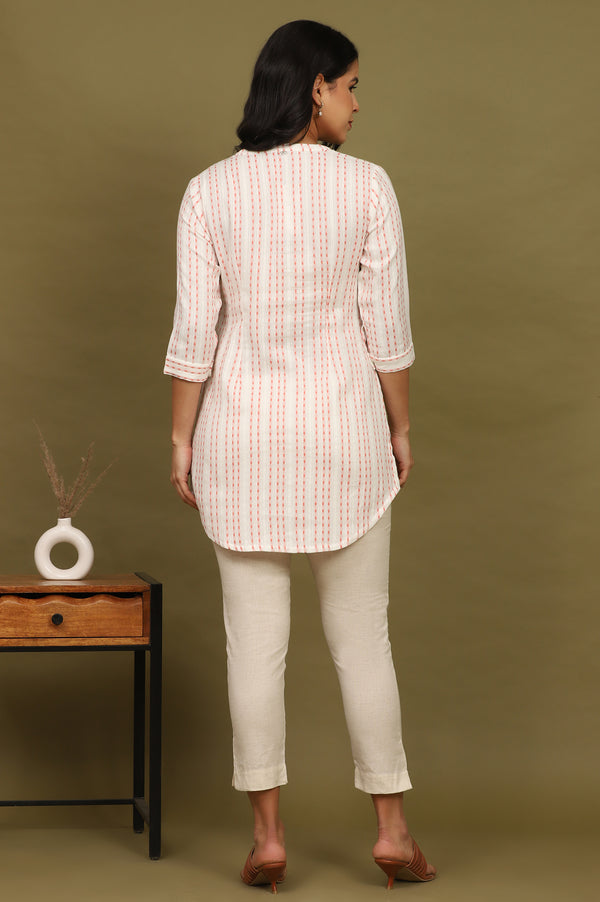 Pink And White Yarn Dyed Double Cloth Cotton Tunic