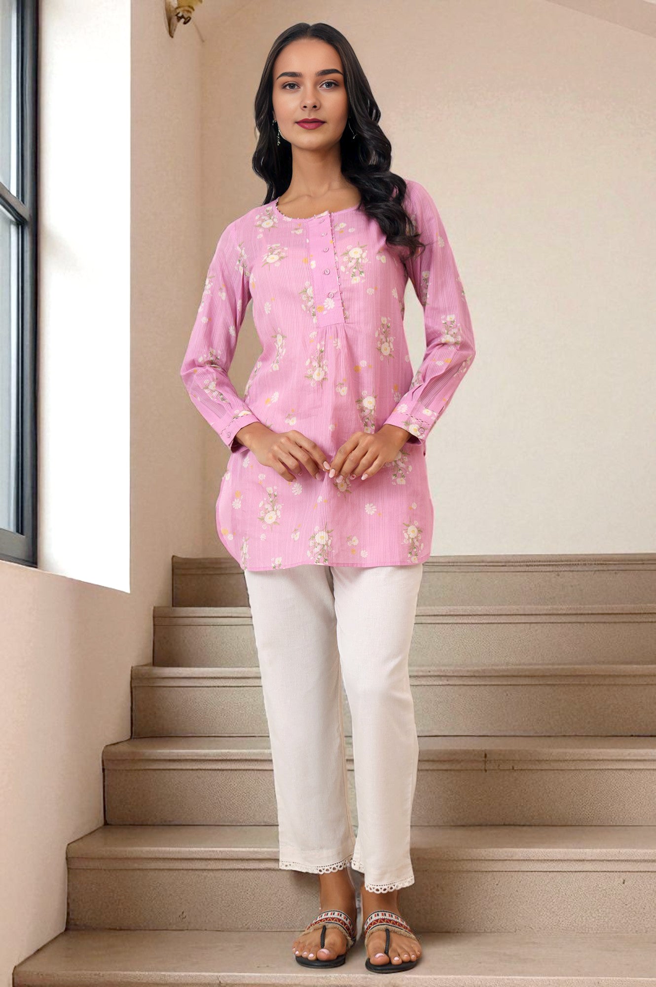 Pink Floral Printed Pure Cotton Summer Tunic