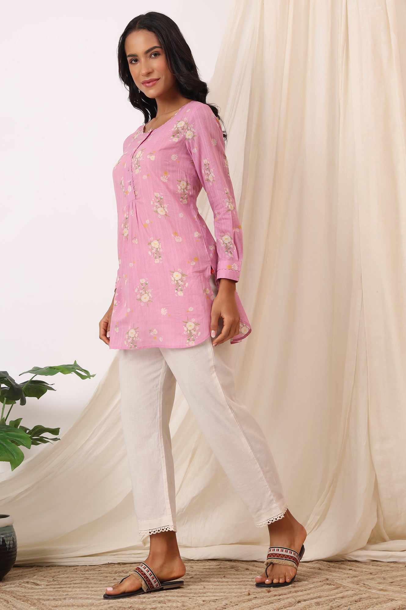 Pink Floral Printed Pure Cotton Summer Tunic