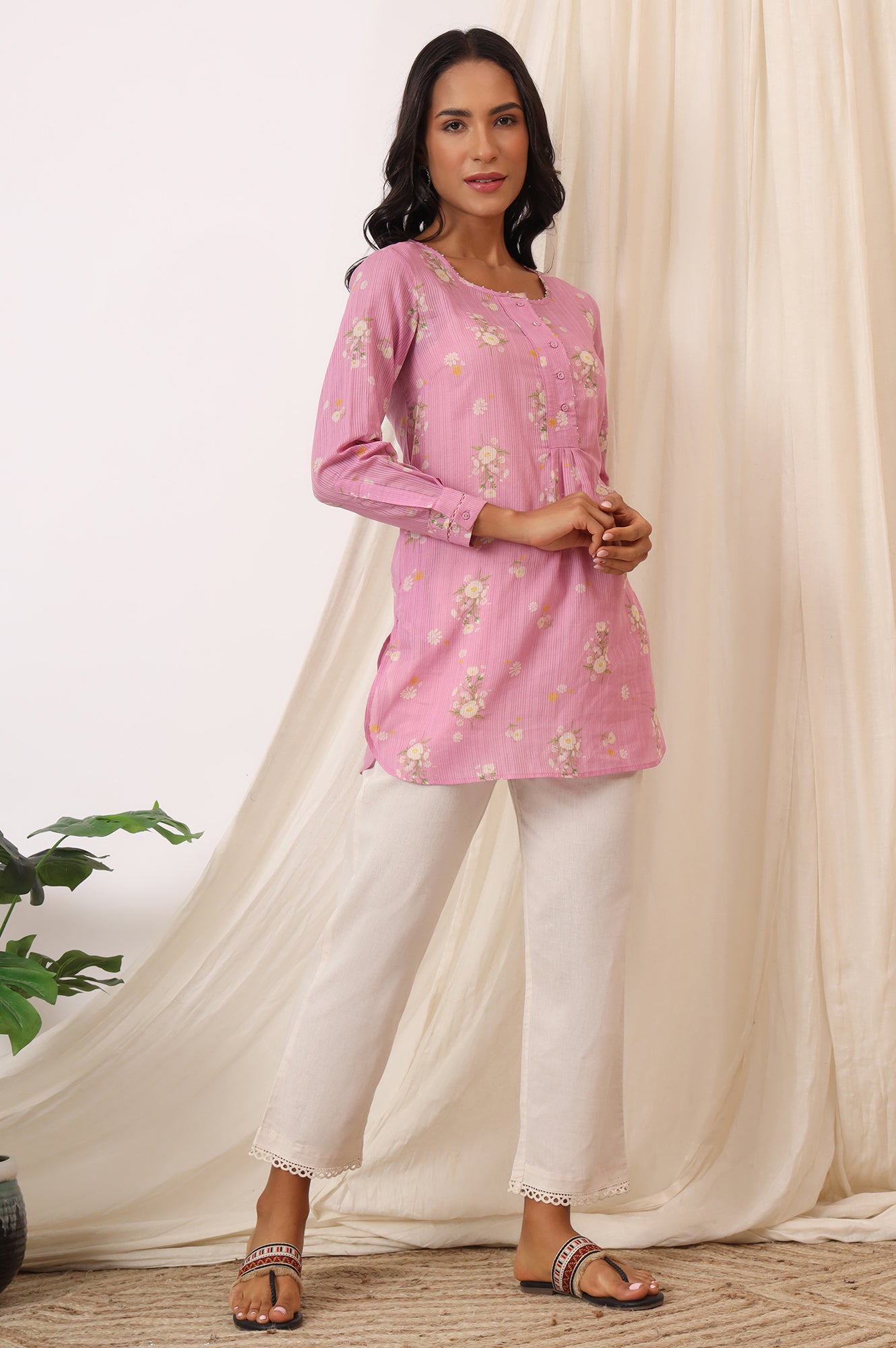 Pink Floral Printed Pure Cotton Summer Tunic