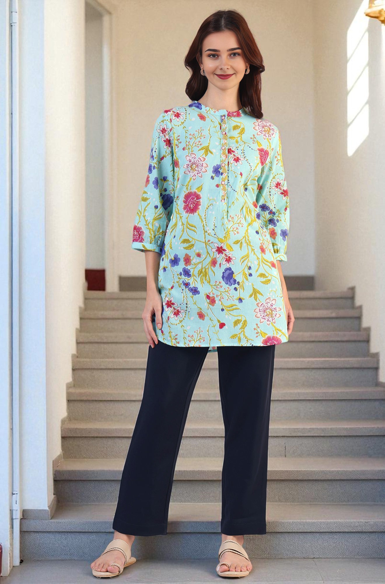 Blue Floral Printed Tunic with Floral Thread Embroidery