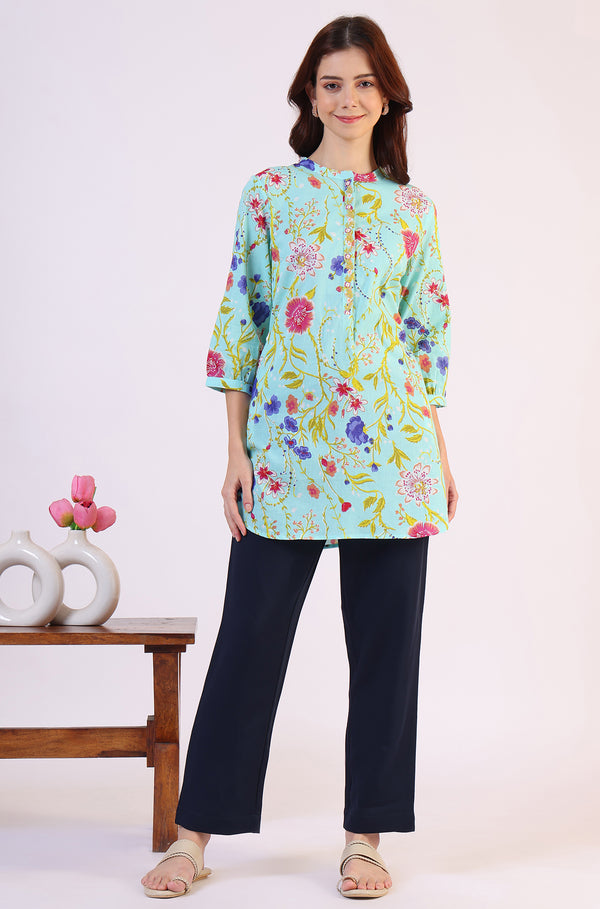 Blue Floral Printed Tunic with Floral Thread Embroidery
