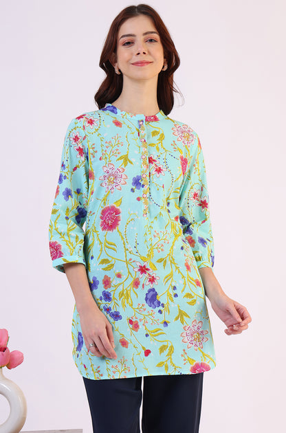 Blue Floral Printed Tunic with Floral Thread Embroidery