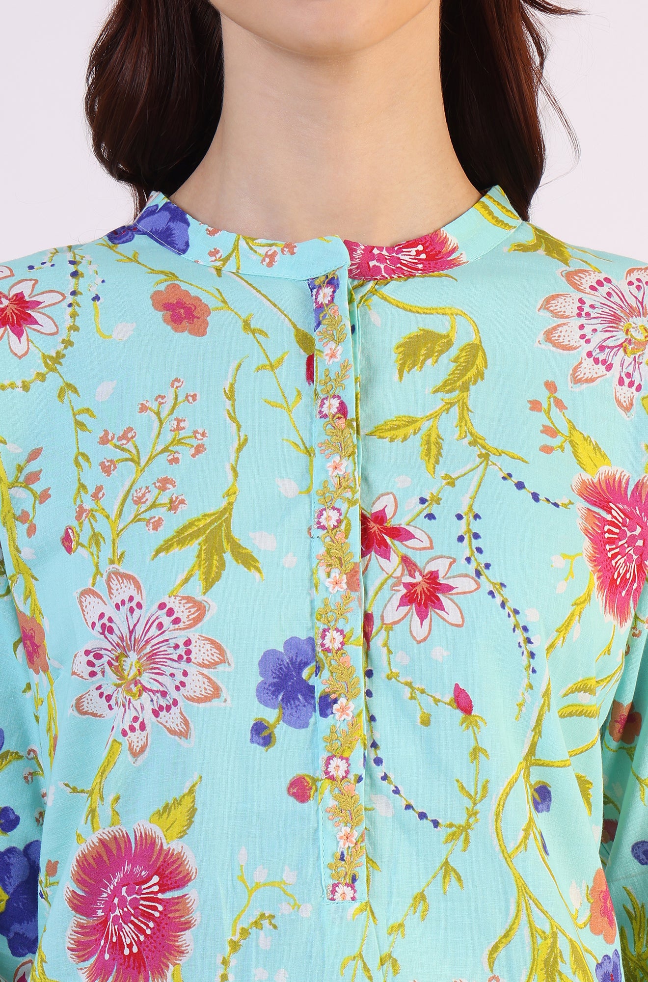 Blue Floral Printed Tunic with Floral Thread Embroidery