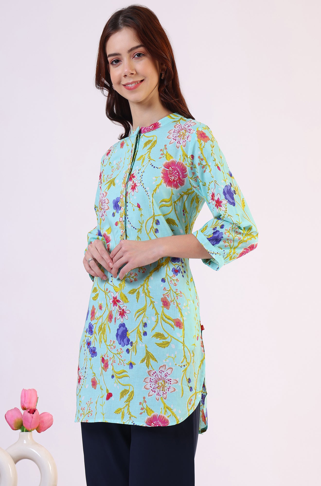 Blue Floral Printed Tunic with Floral Thread Embroidery