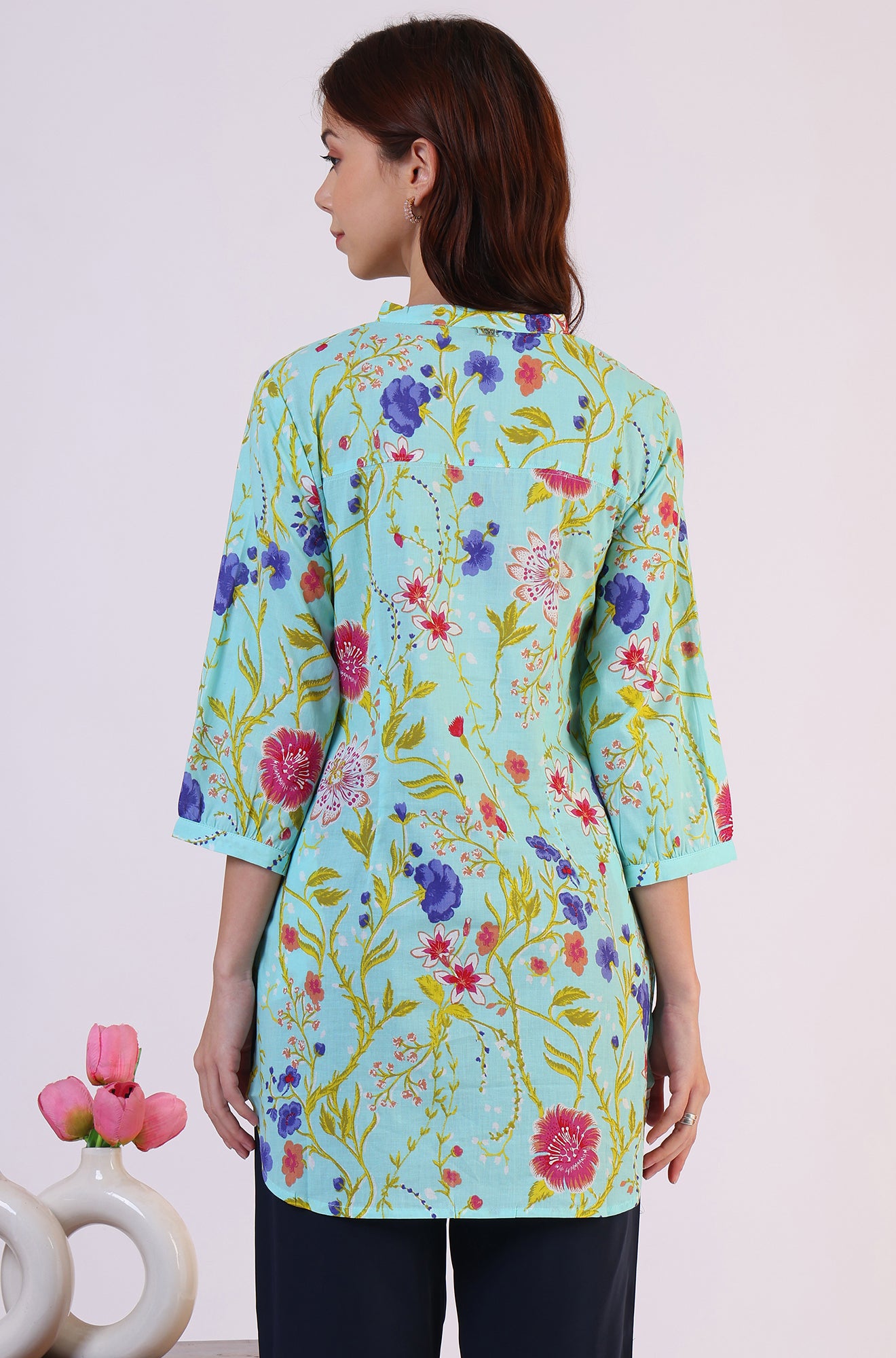 Blue Floral Printed Tunic with Floral Thread Embroidery