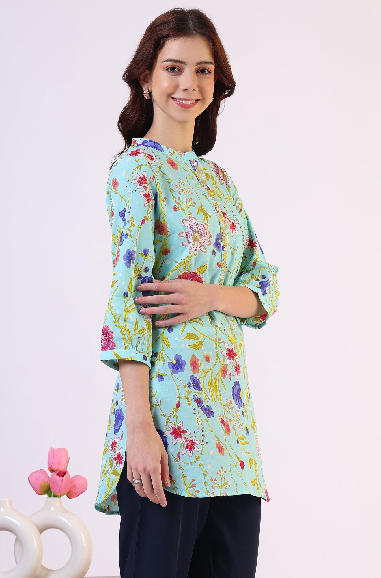 Blue Floral Printed Tunic with Floral Thread Embroidery