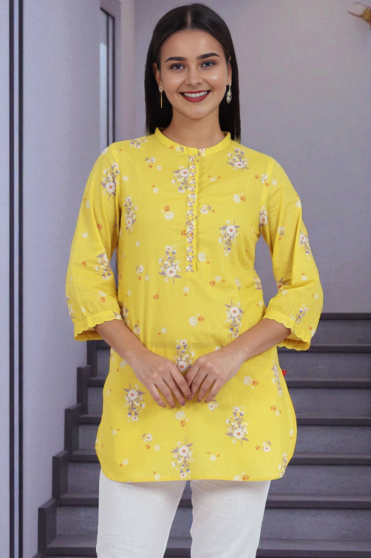 Yellow Floral Printed Straight Pure Cotton Tunic - XS